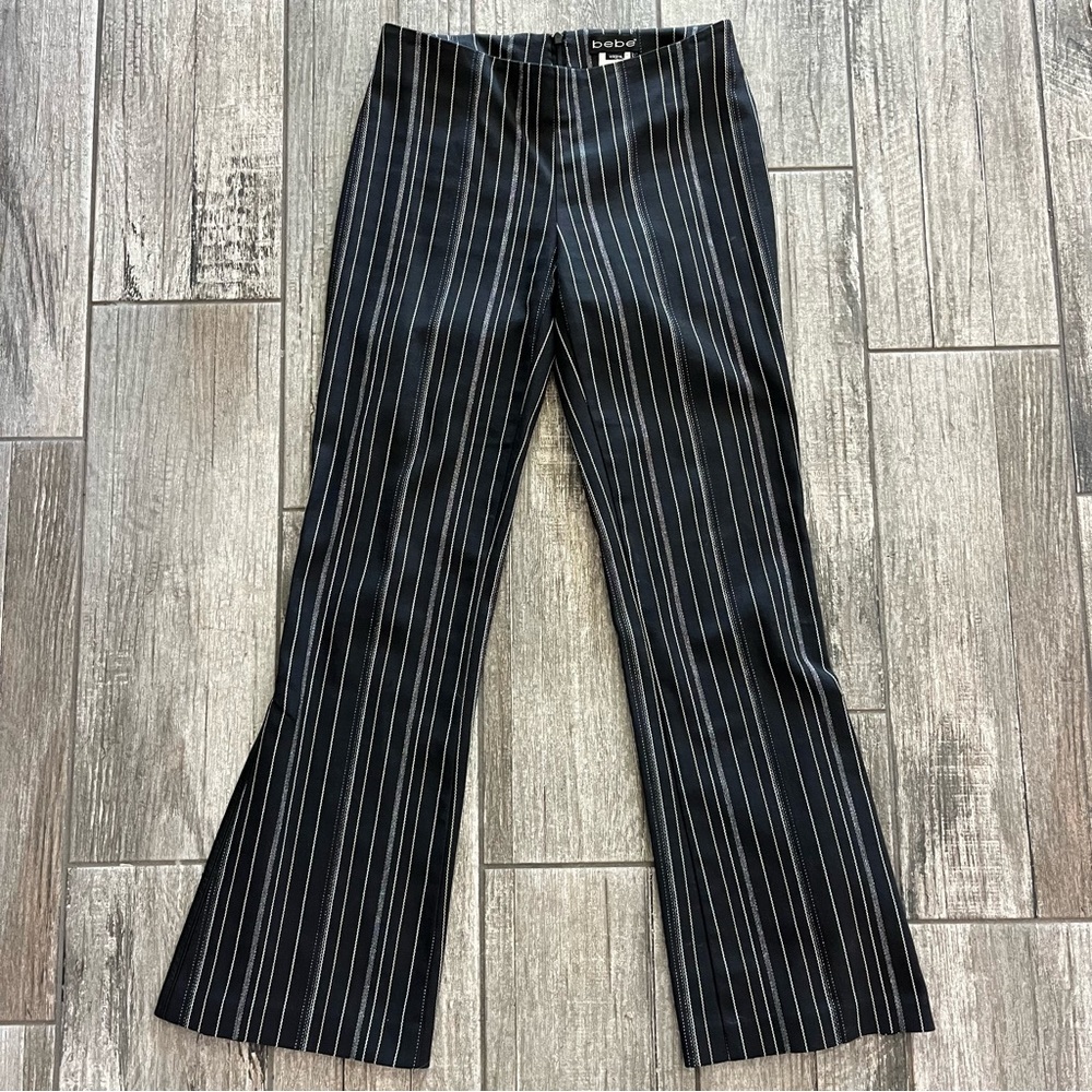 Bebe Gray and Silver Stripped Flare Cropped Pants Size 2